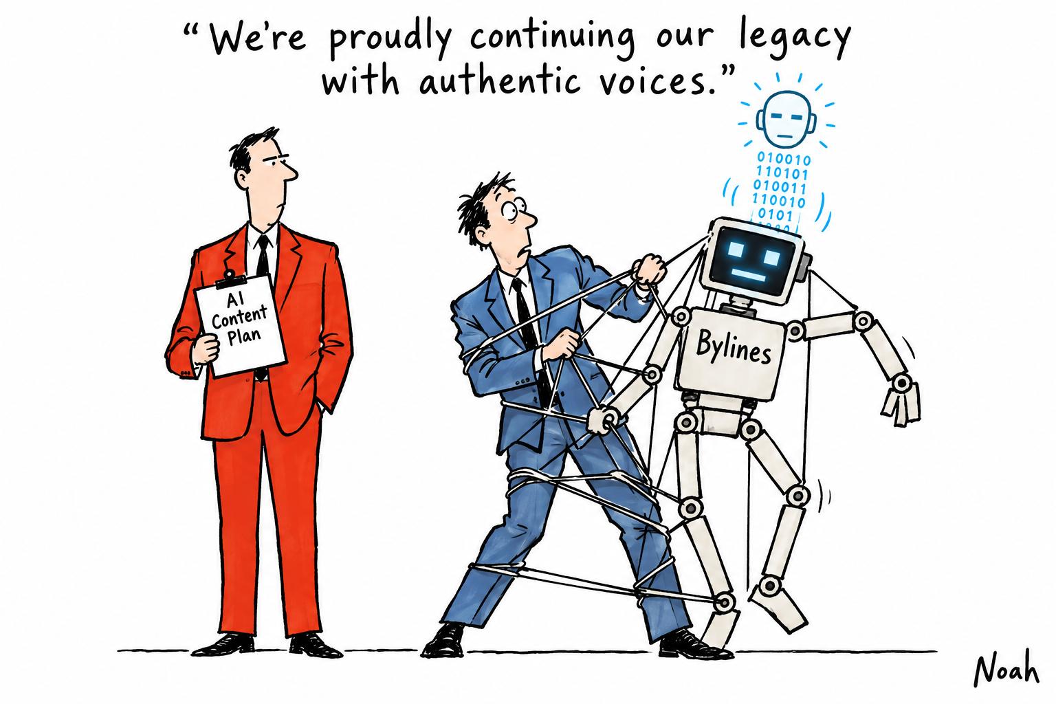Editorial cartoon accompanying: Former journalists’ bylines revived for AI casino articles after Clickout redundancies