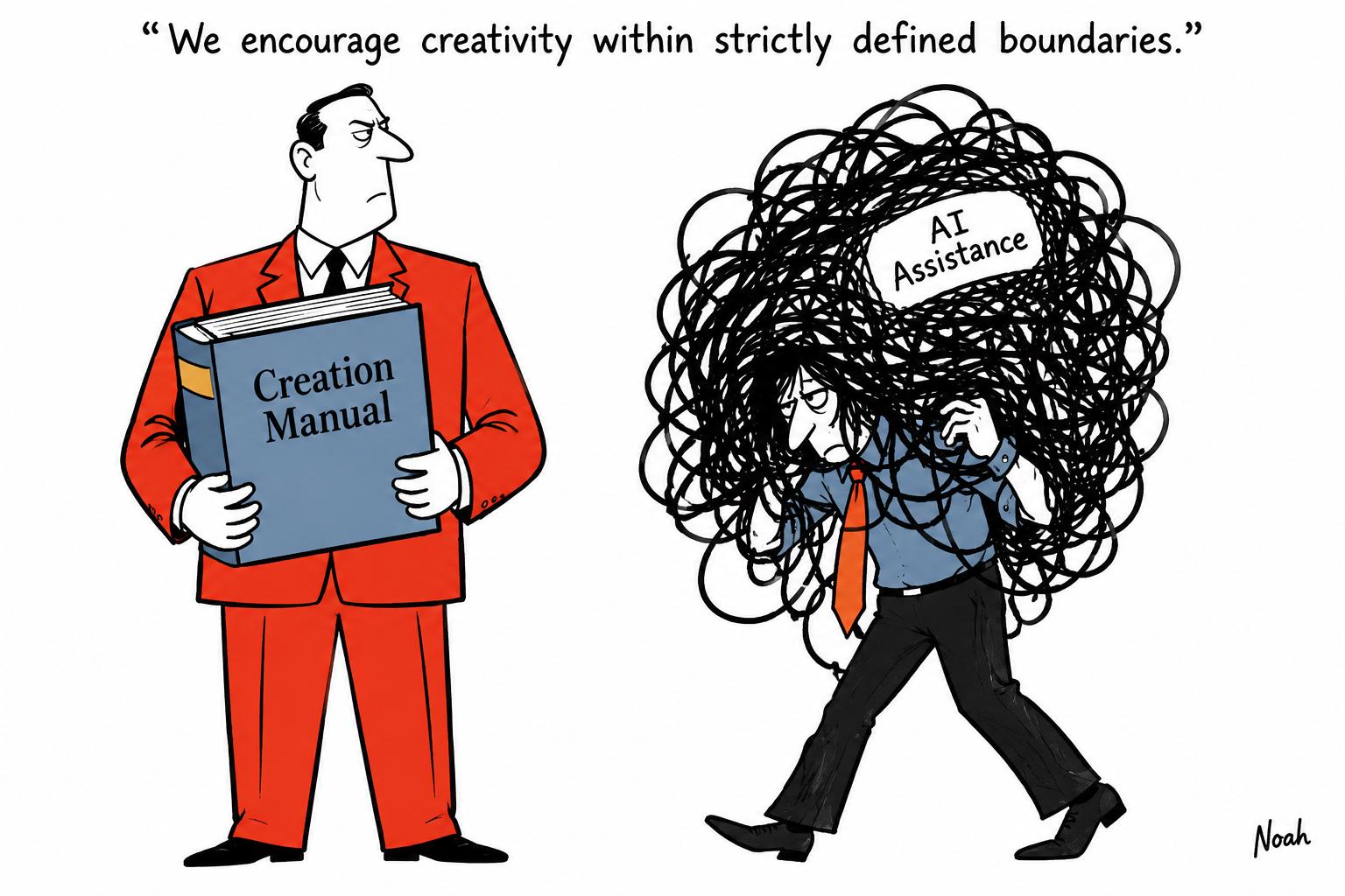 Editorial cartoon accompanying: SSPai tightens AI rules as it rewrites the playbook for featured writing