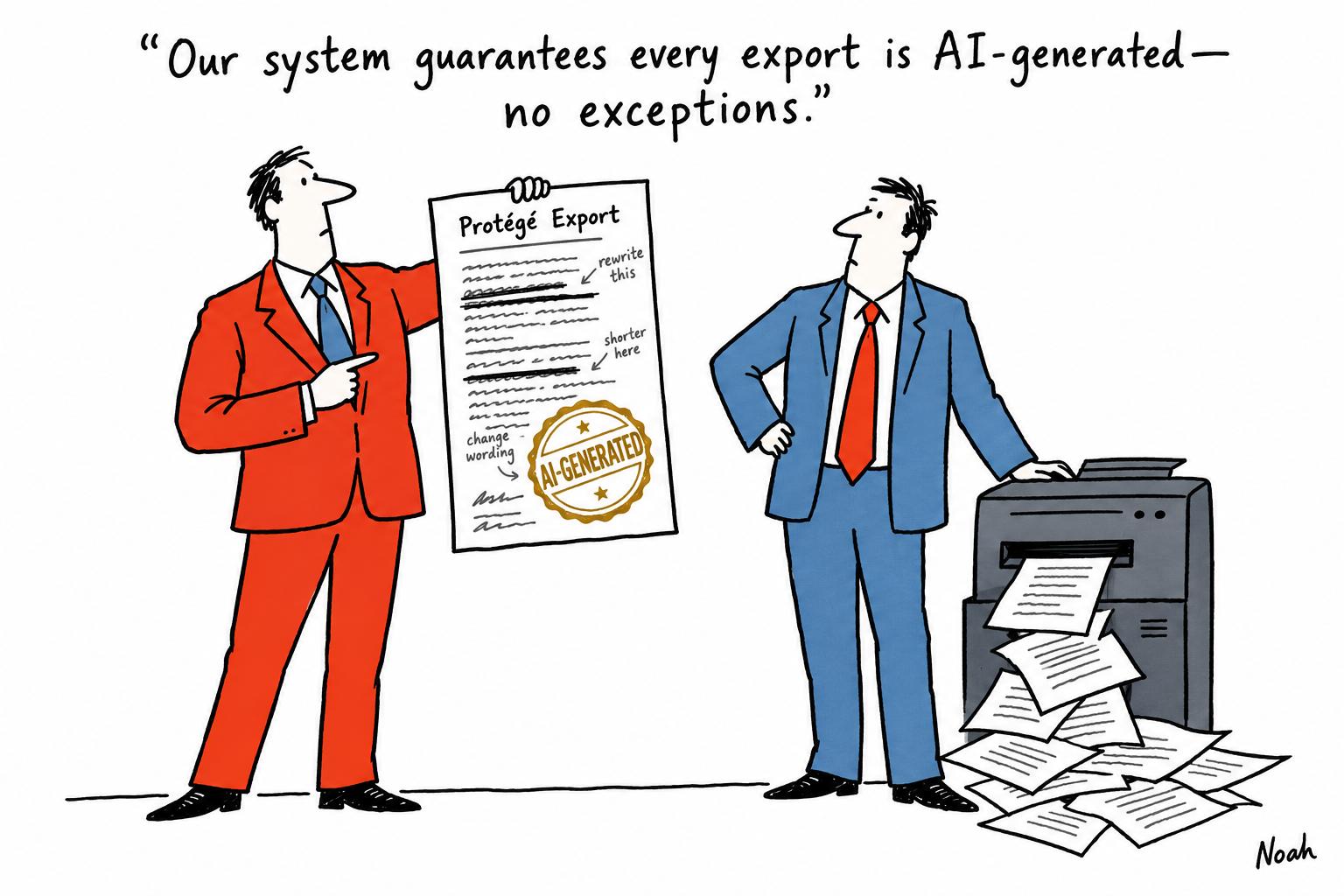 Editorial cartoon accompanying: LexisNexis Protégé marks even human-typed exports as AI-generated
