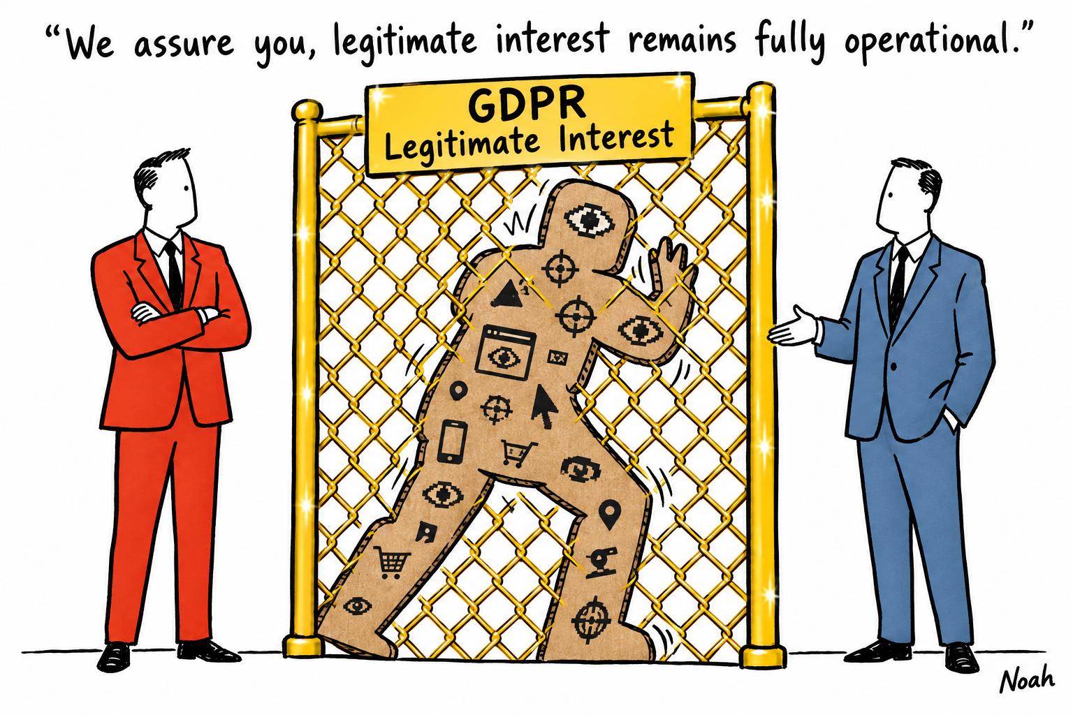 Editorial cartoon accompanying: Legitimate interest survives in GDPR, but behavioural advertising is running out of room