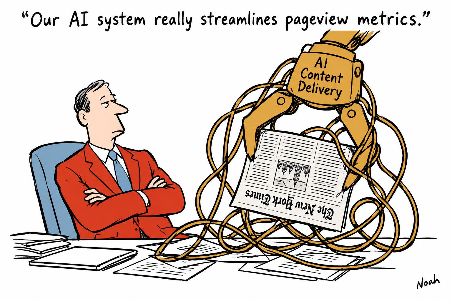 Editorial cartoon accompanying: Publishers seek new economics as AI upends discovery, metrics and licensing