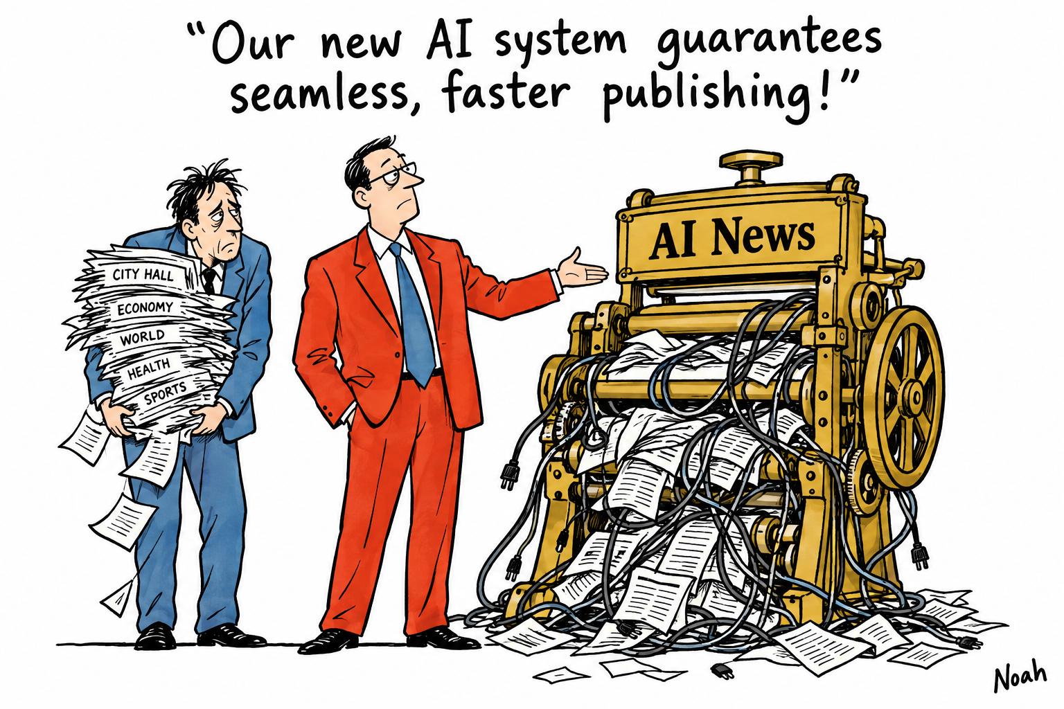 Editorial cartoon accompanying: AI-native newsrooms move from experiment to publication