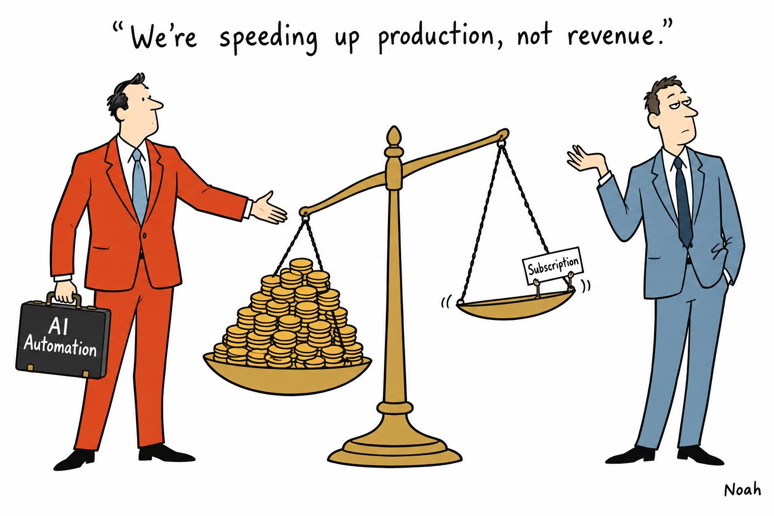 Editorial cartoon accompanying: Newsrooms are using AI to speed up journalism — but avoiding the business-model gamble
