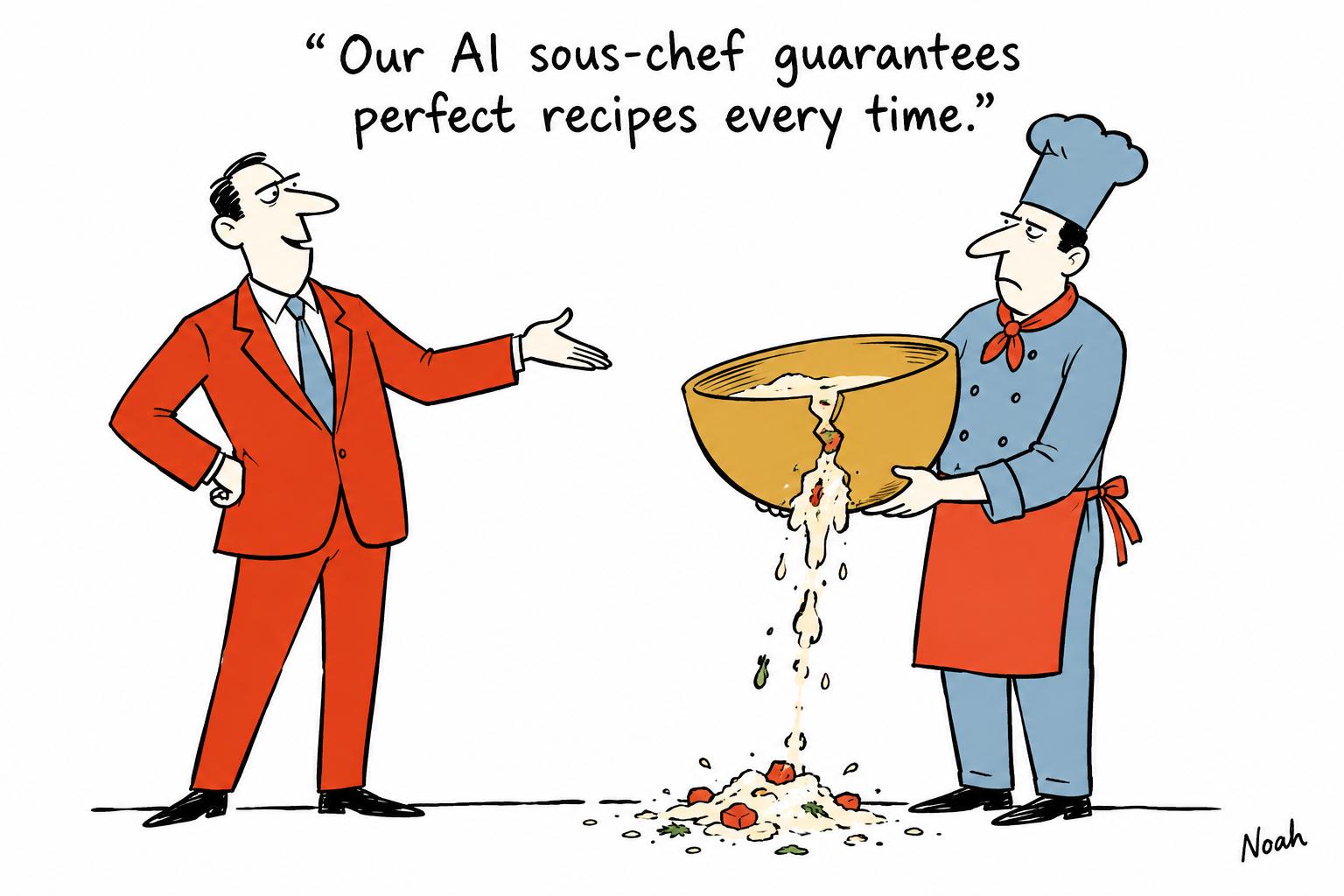 Editorial cartoon accompanying: NYT Cooking’s AI sous-chef leaves subscribers cold