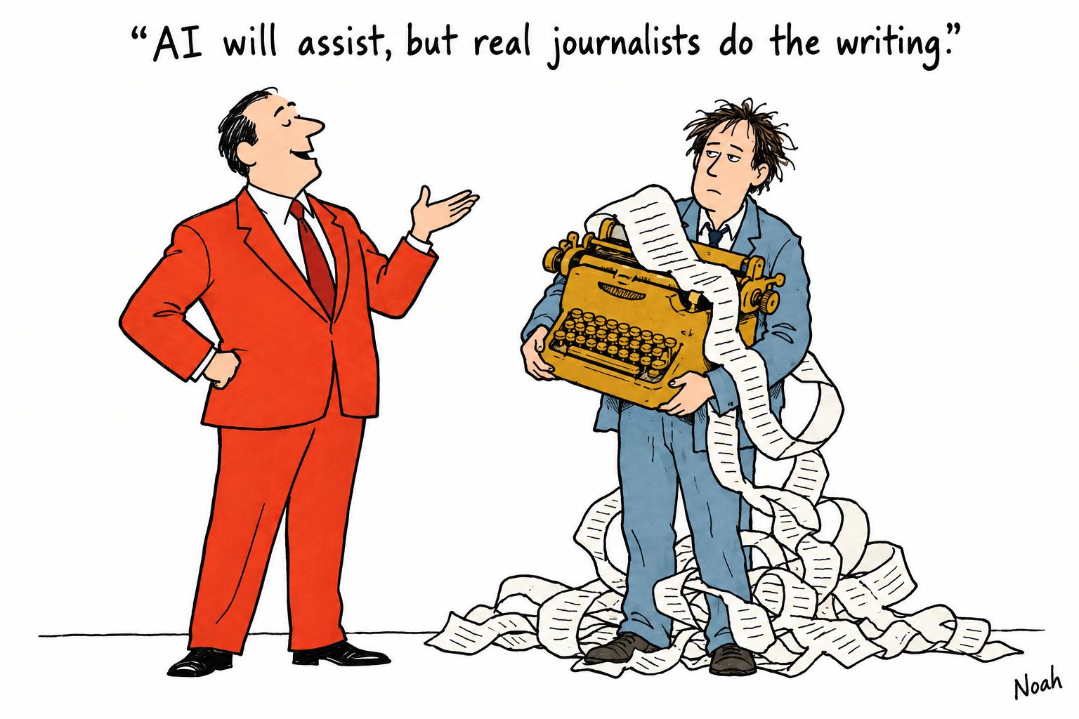 Editorial cartoon accompanying: The Seattle Times draws a hard line: AI may assist, but humans write the news