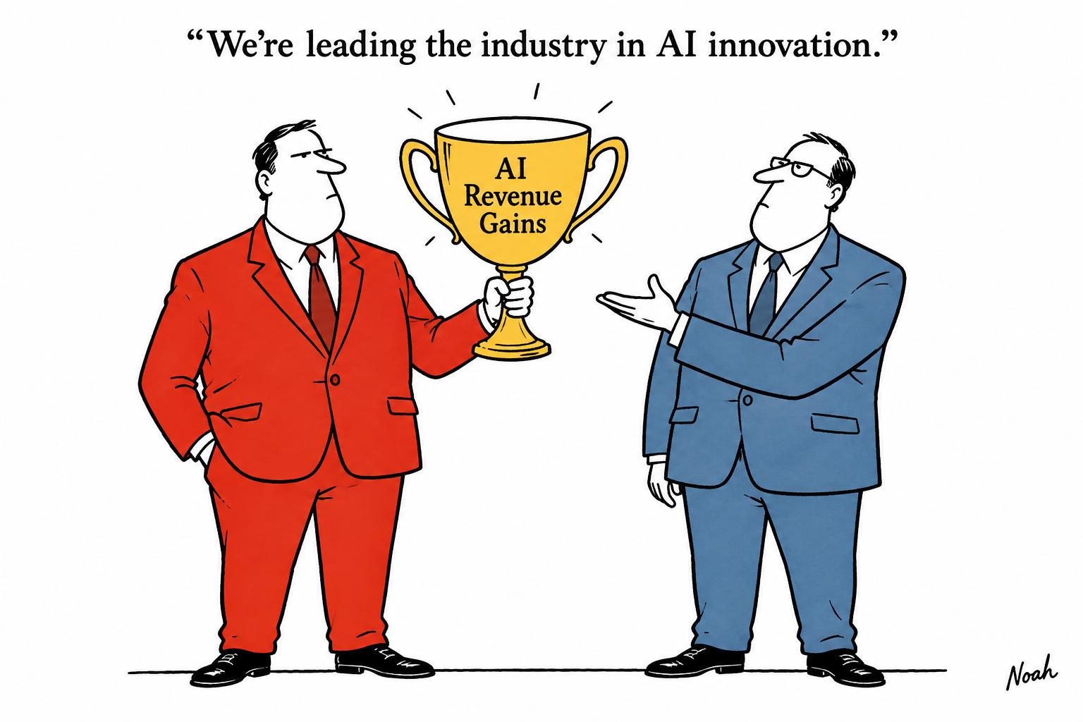 Editorial cartoon accompanying: Publishers embrace AI as its commercial value remains unproven