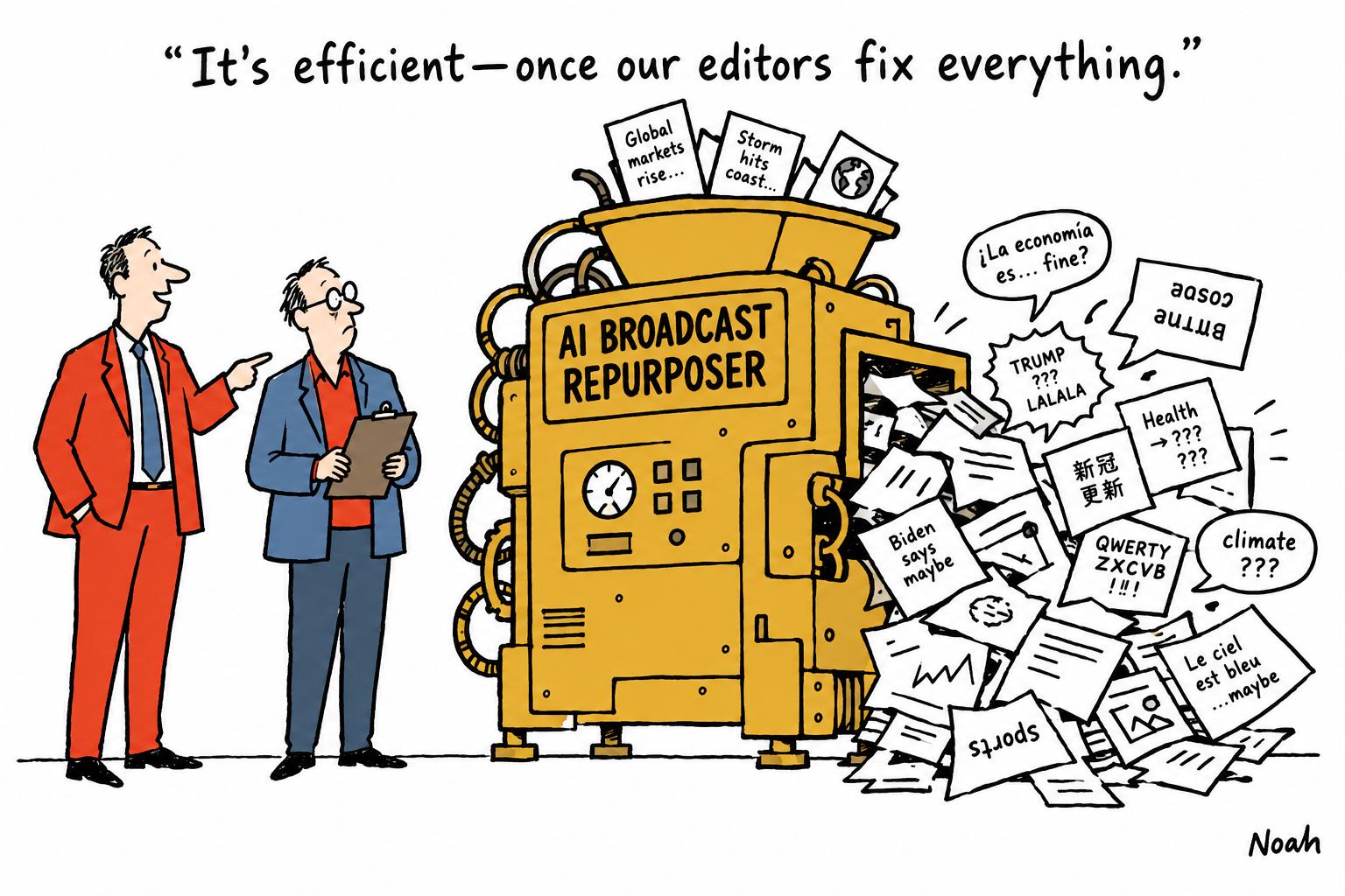 Editorial cartoon accompanying: AI is turning one broadcast into many newsroom-ready formats