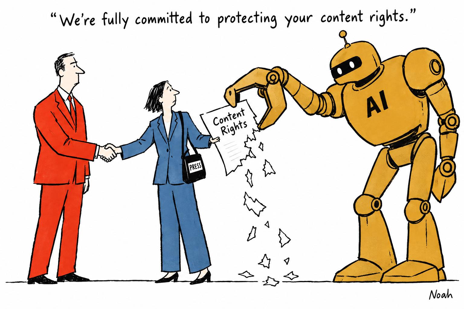 Editorial cartoon accompanying: CNN gives Google expanded content rights in multi-year generative AI deal