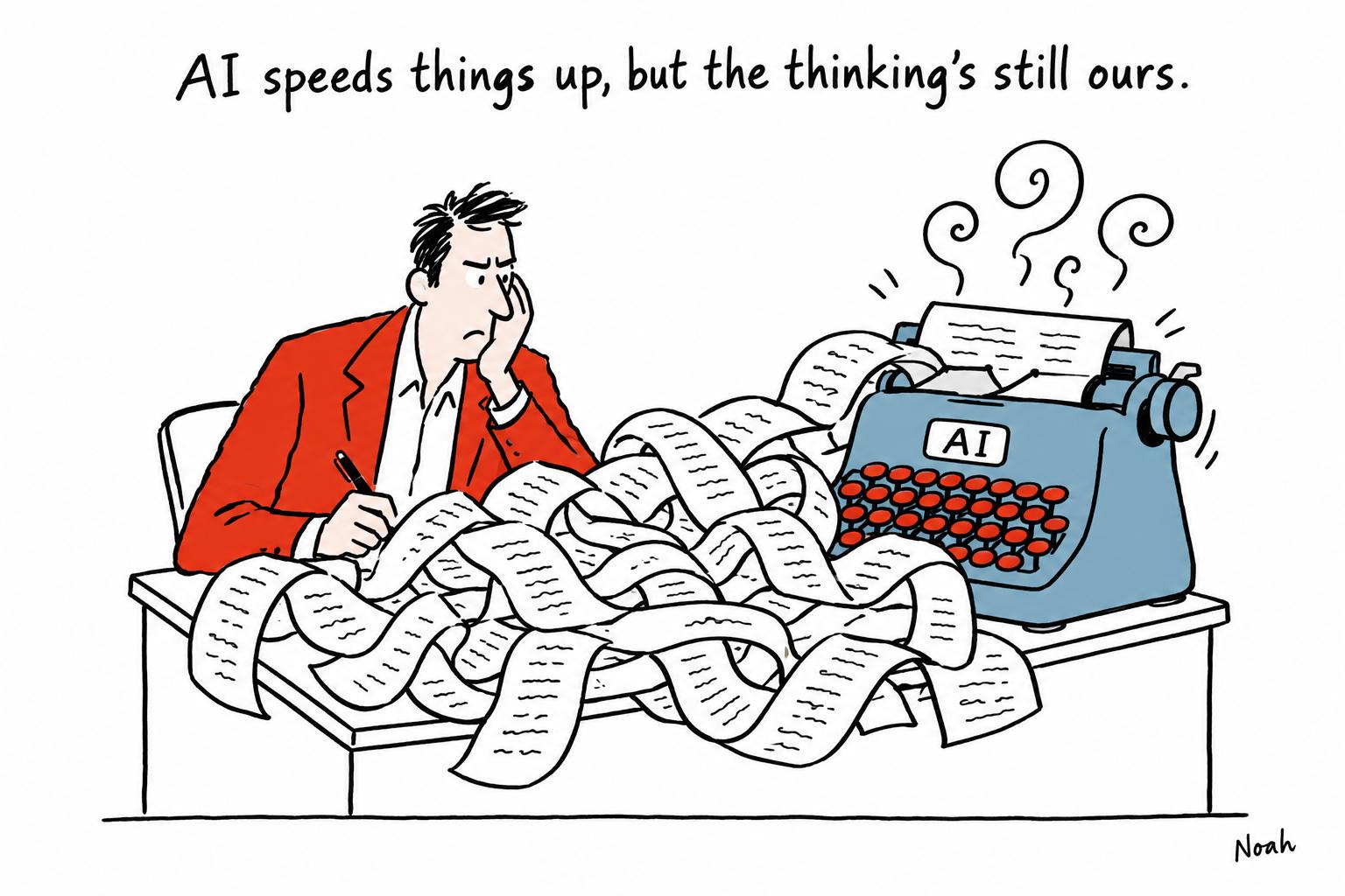 Editorial cartoon accompanying: IT/OT Insider draws a line between AI assistance and human authorship