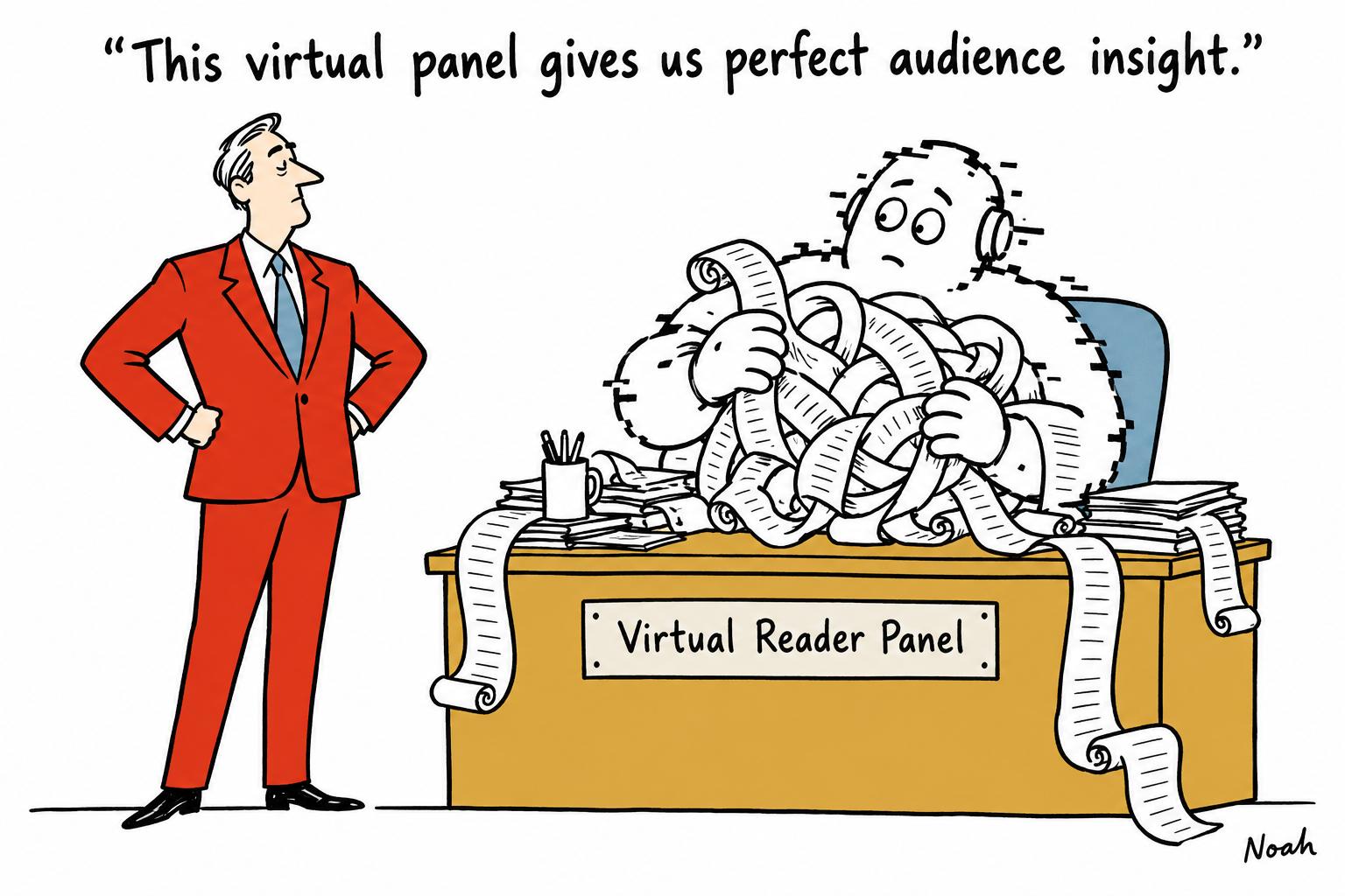 Editorial cartoon accompanying: Svenska Dagbladet builds AI reader panel to challenge newsroom assumptions