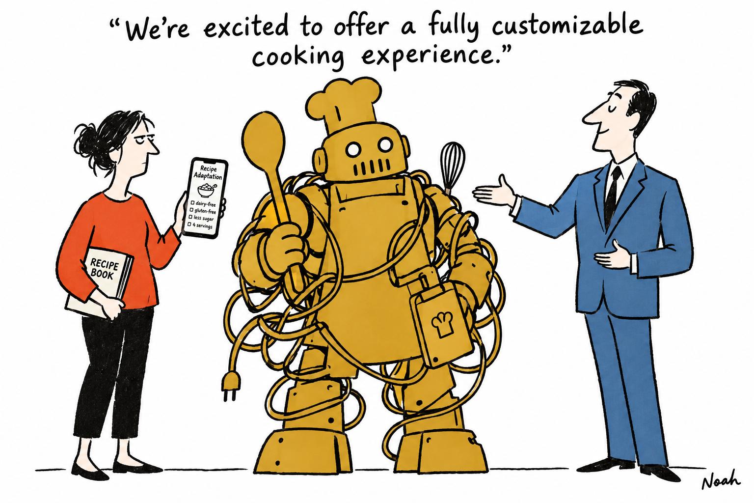 Editorial cartoon accompanying: NYT Cooking’s optional AI chef sparks backlash over control