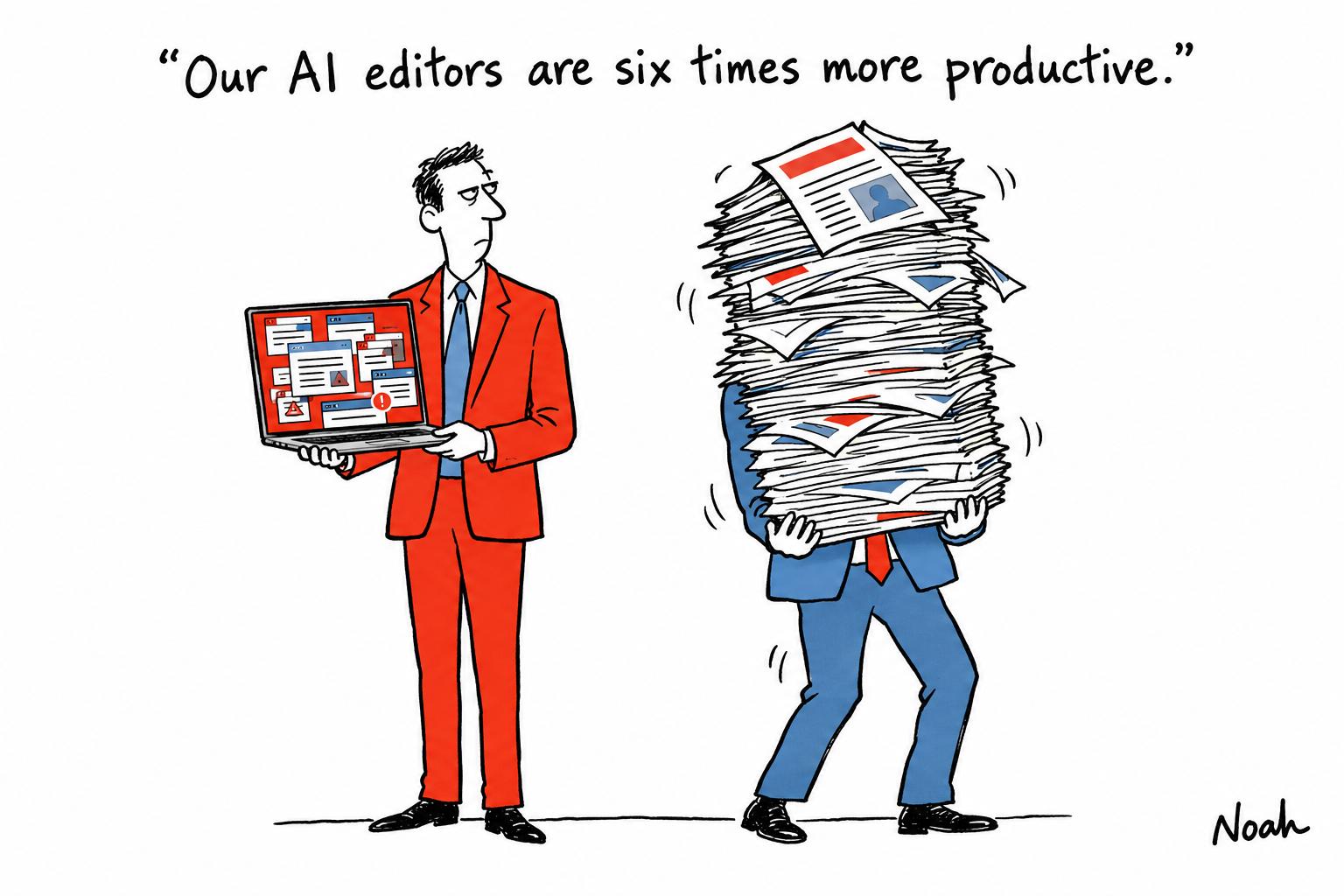 Editorial cartoon accompanying: The Independent says AI-enabled editors are six times more productive