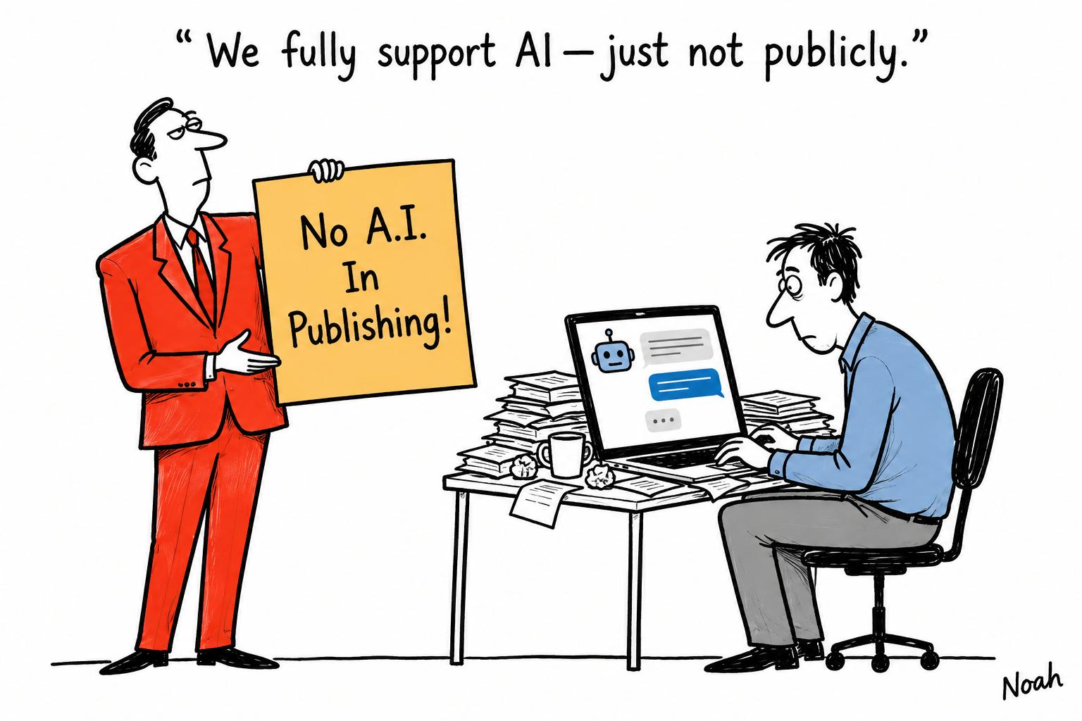 Editorial cartoon accompanying: Publishers warn about AI in public while pushing it on staff