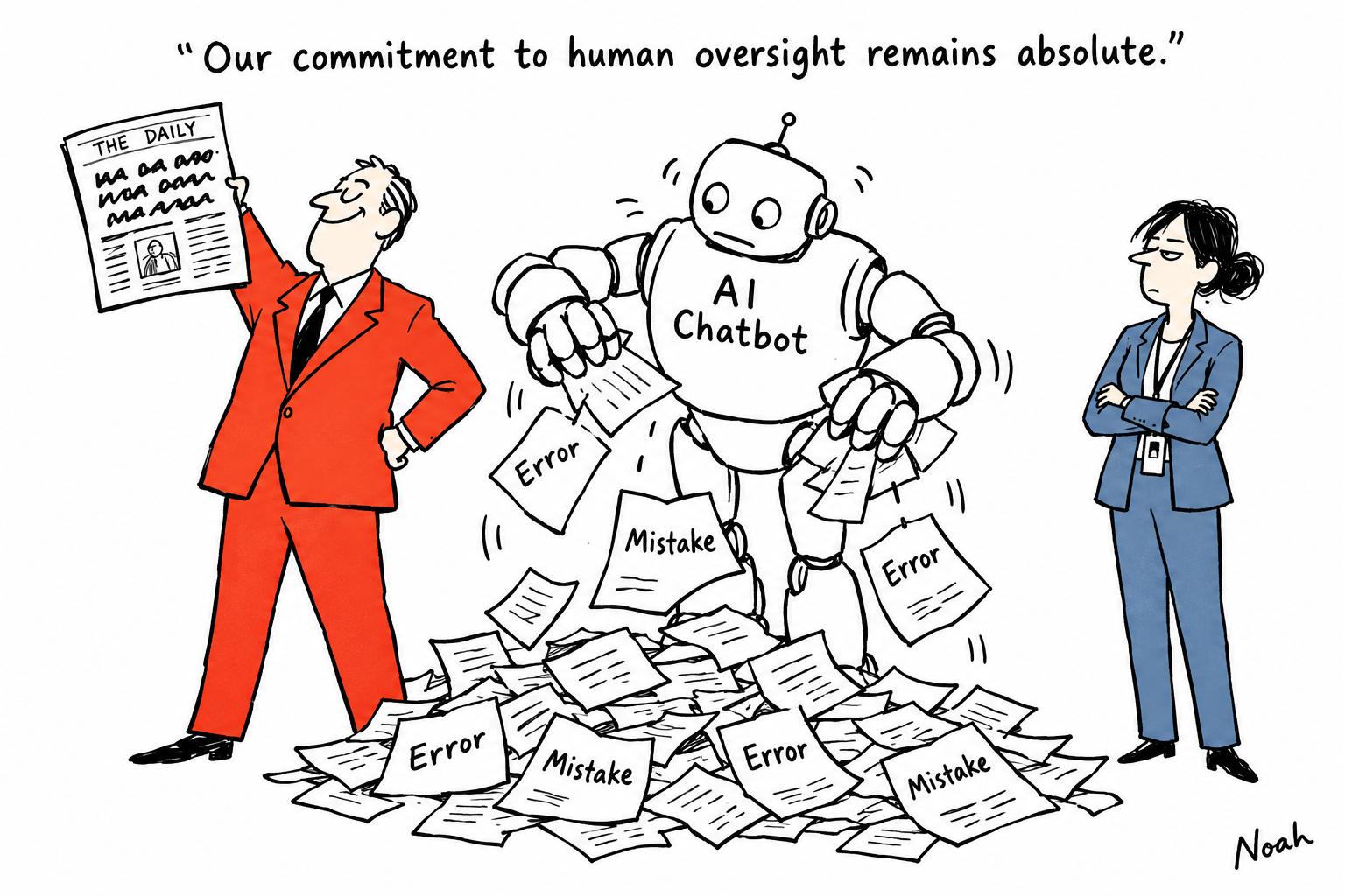 Editorial cartoon accompanying: Ohio journalists withhold bylines over AI chatbot’s election-year errors
