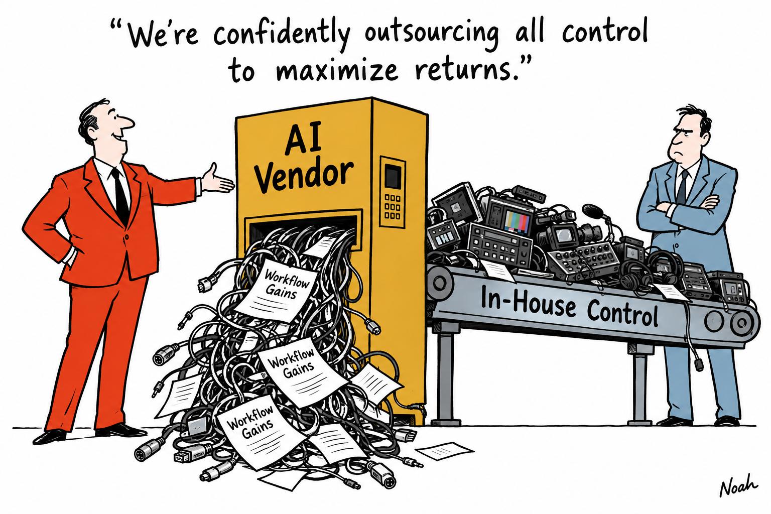 Editorial cartoon accompanying: Broadcasters move from AI experiments to hard choices over control and return