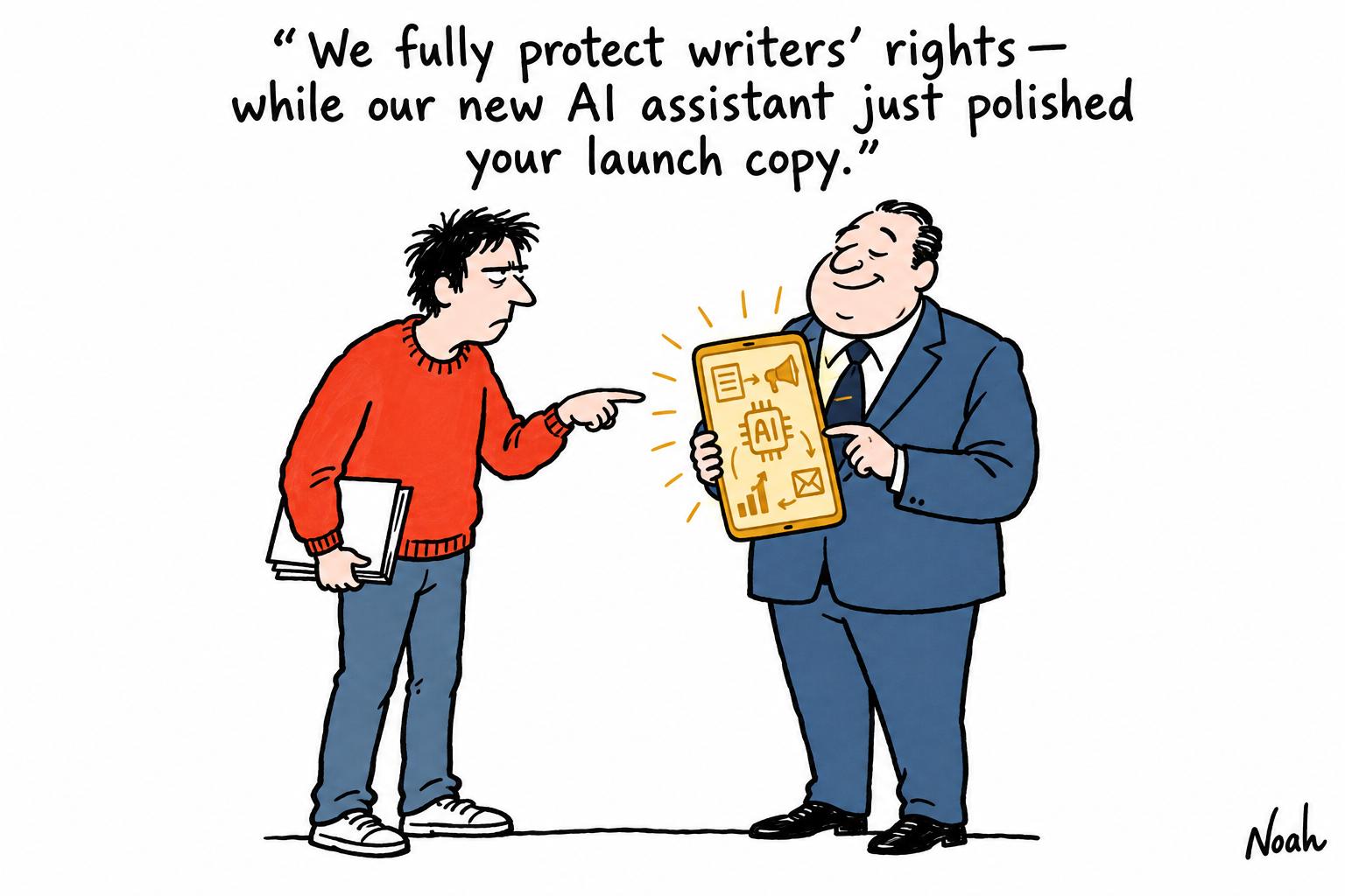 Editorial cartoon accompanying: Authors accuse publishers of feeding both sides of the AI fight