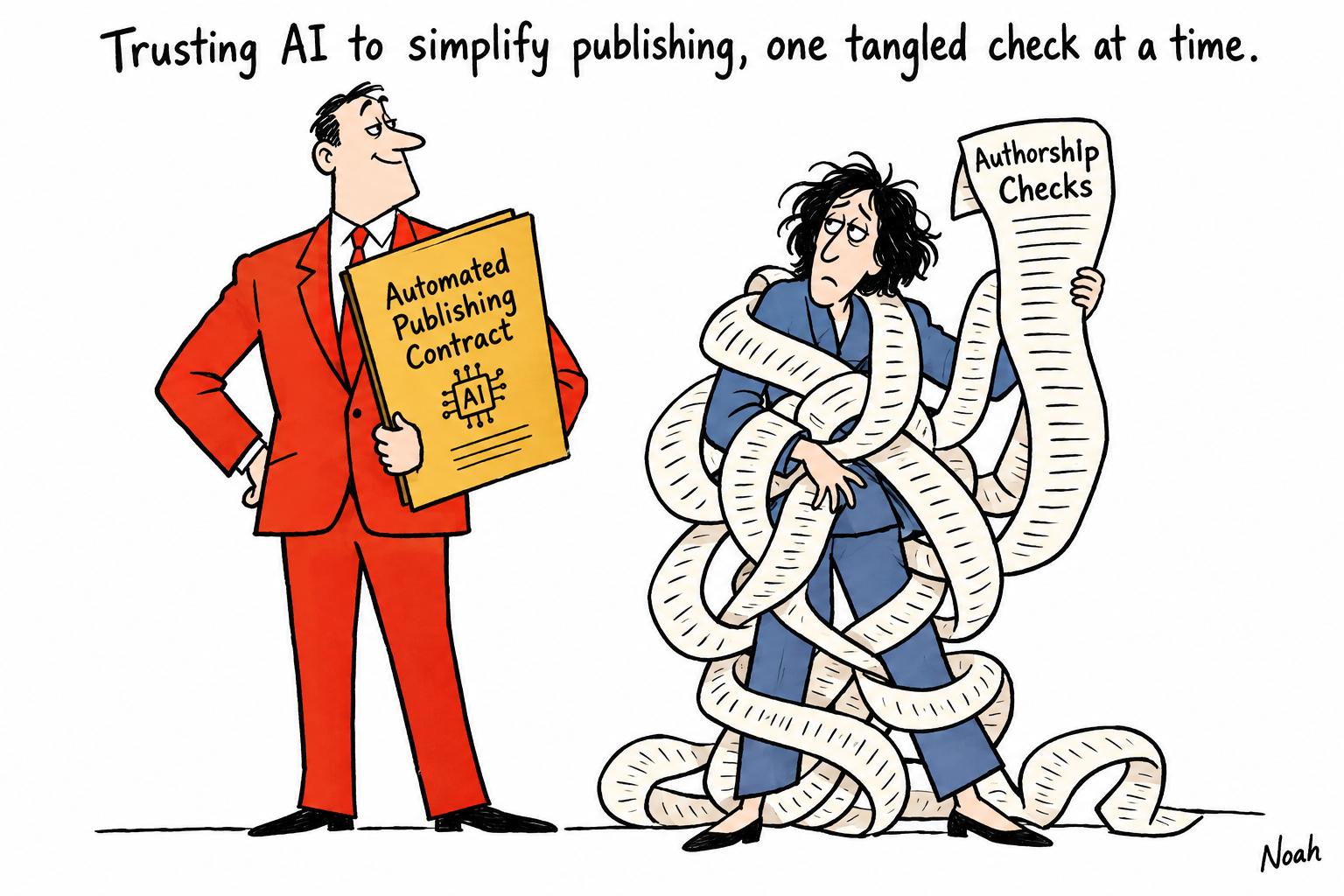 Editorial cartoon accompanying: Alighieria brings AI into publishing’s back office as trust in authorship comes under strain