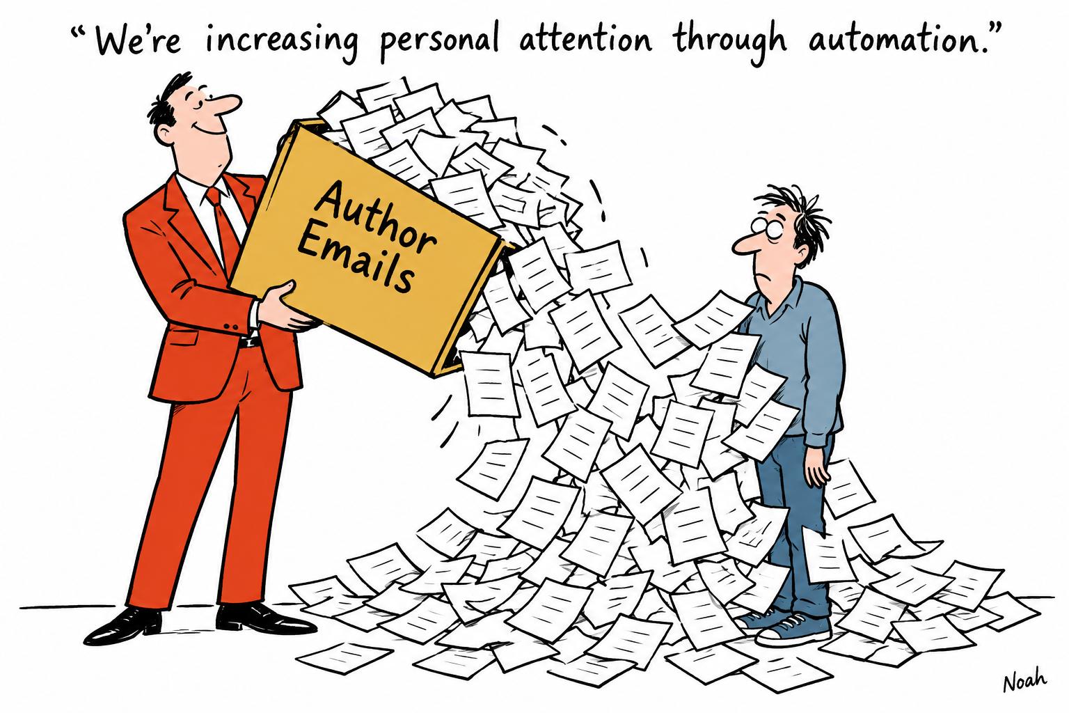 Editorial cartoon accompanying: Publishers turn to AI to chase attention, but risk flooding the inbox