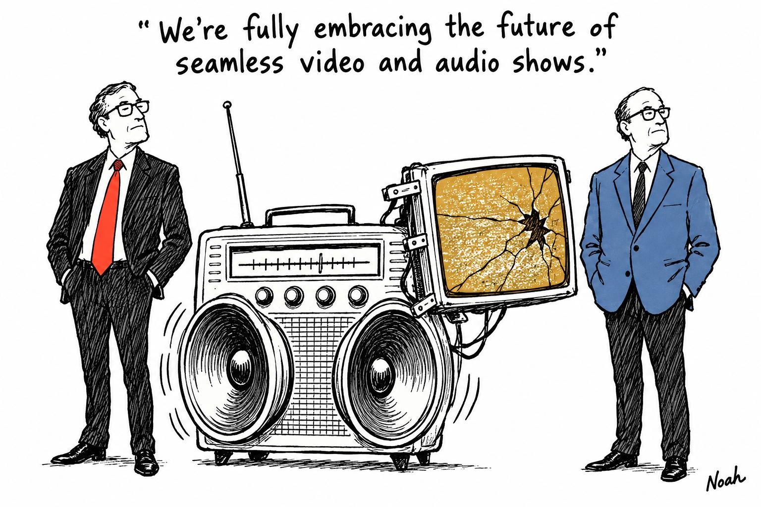 Editorial cartoon accompanying: Wall Street Journal reorganises around shows as podcasts expand into video