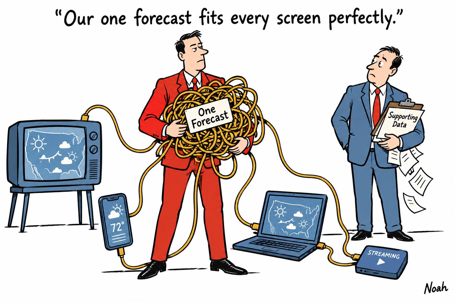 Editorial cartoon accompanying: Weather Company co-pilot turns one forecast into stories for every screen