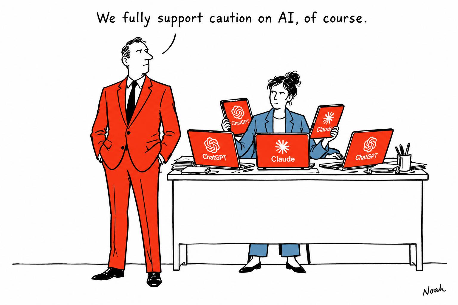 Editorial cartoon accompanying: Publishers’ quiet AI rollout sparks revolt among staff