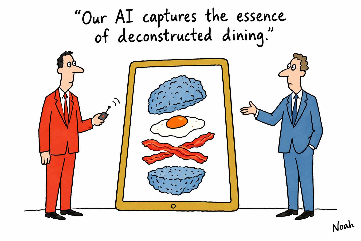 Editorial cartoon accompanying: Just Eat pauses AI menu image trial after bacon-and-egg soda bread becomes floating ingredients