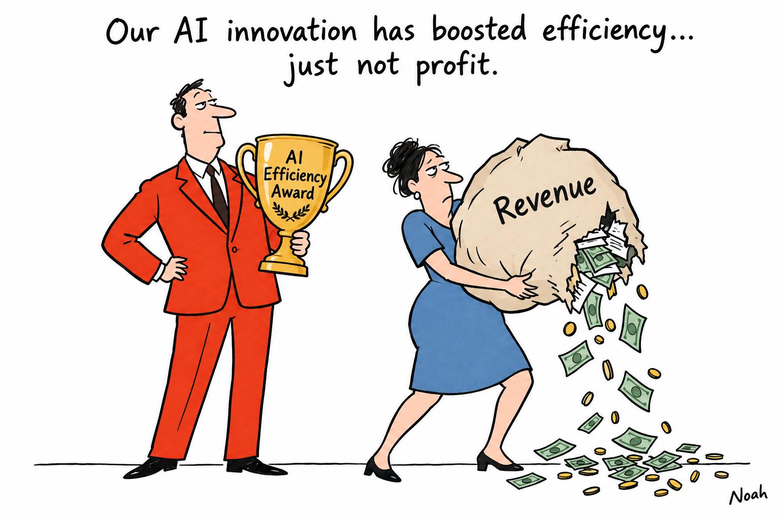 Editorial cartoon accompanying: Publishers embrace AI but struggle to prove its commercial value