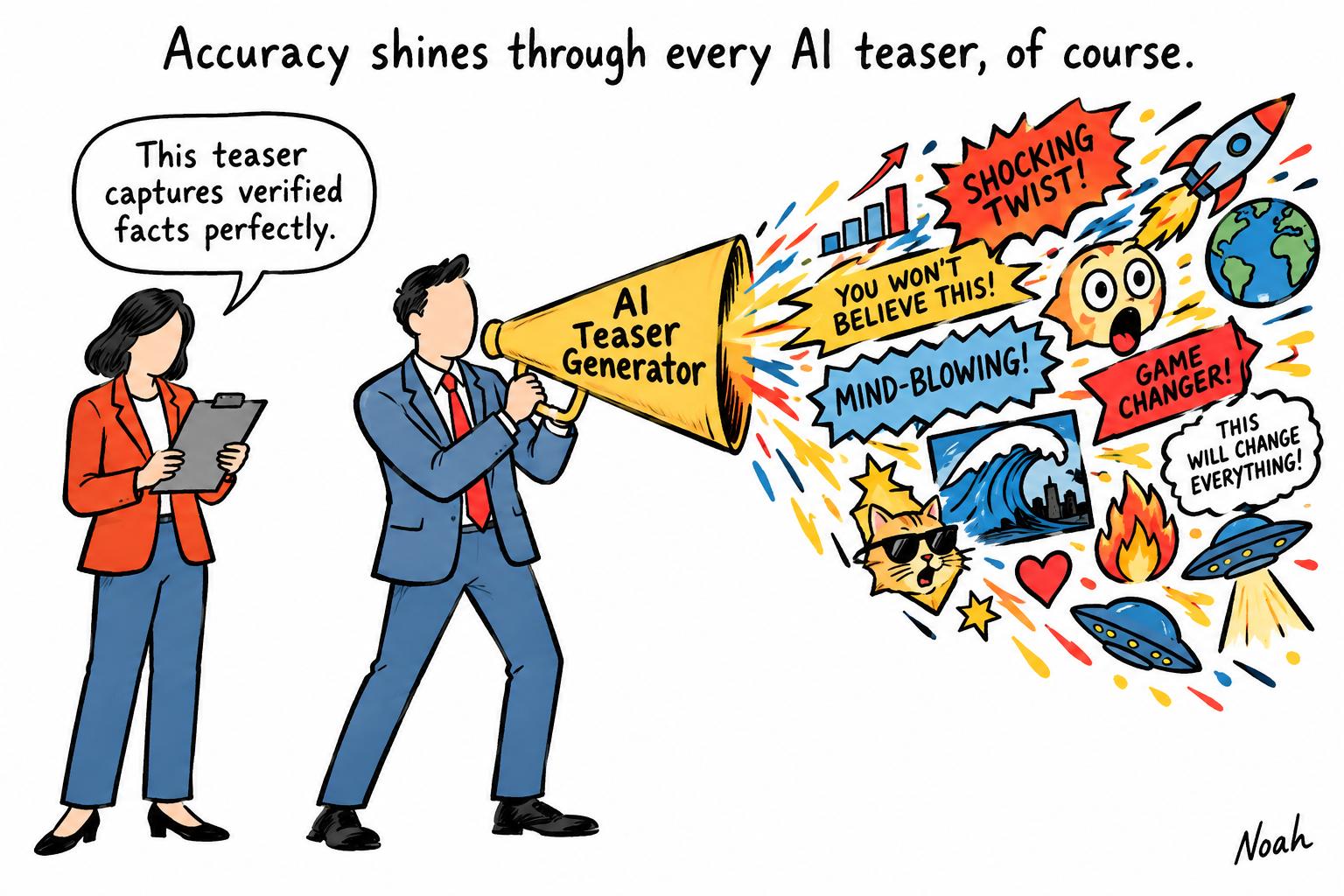 Editorial cartoon accompanying: How local newsrooms can turn verified event details into AI teasers before deadline