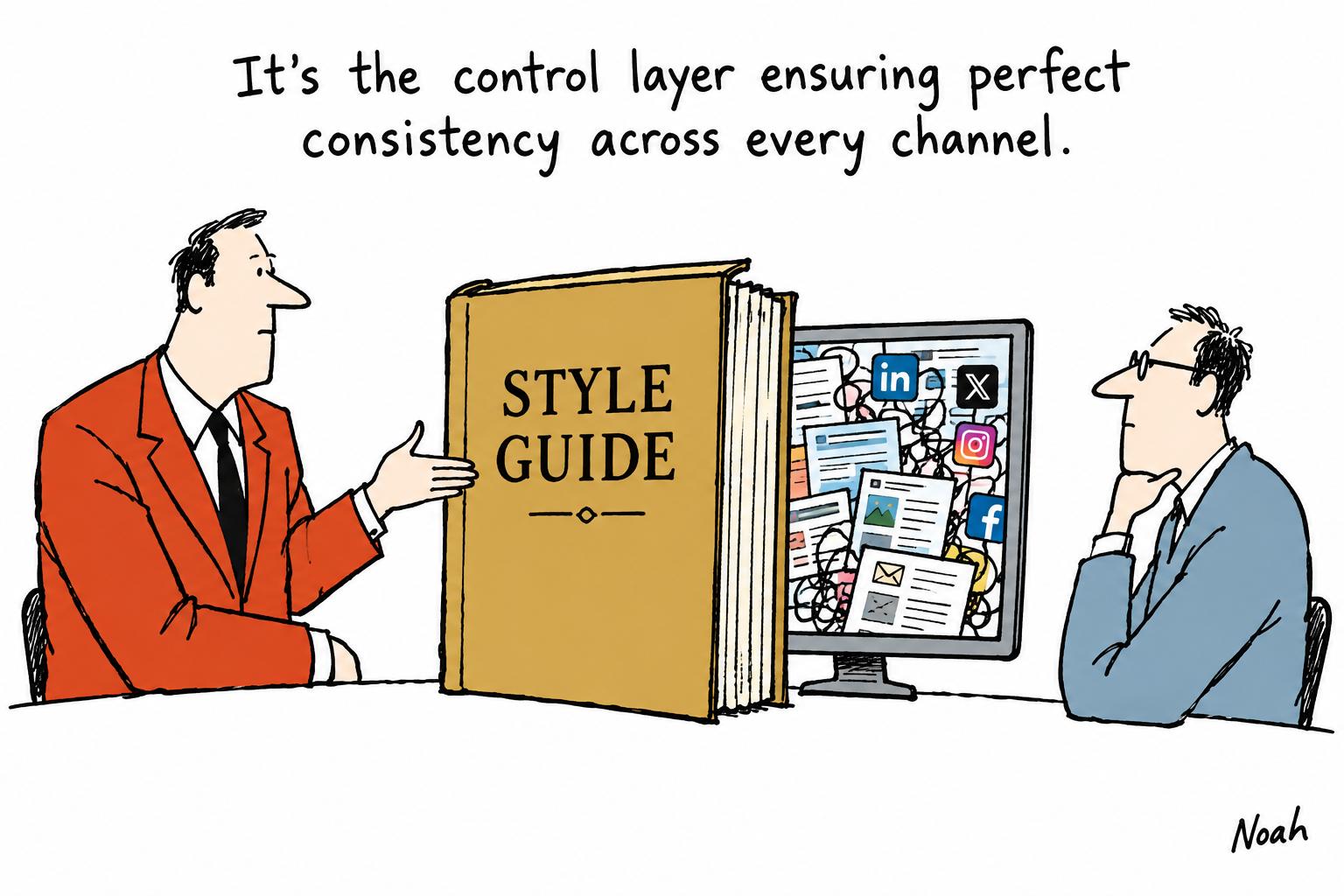 Editorial cartoon accompanying: Why AI-assisted style guides are becoming the control layer for consistent publishing