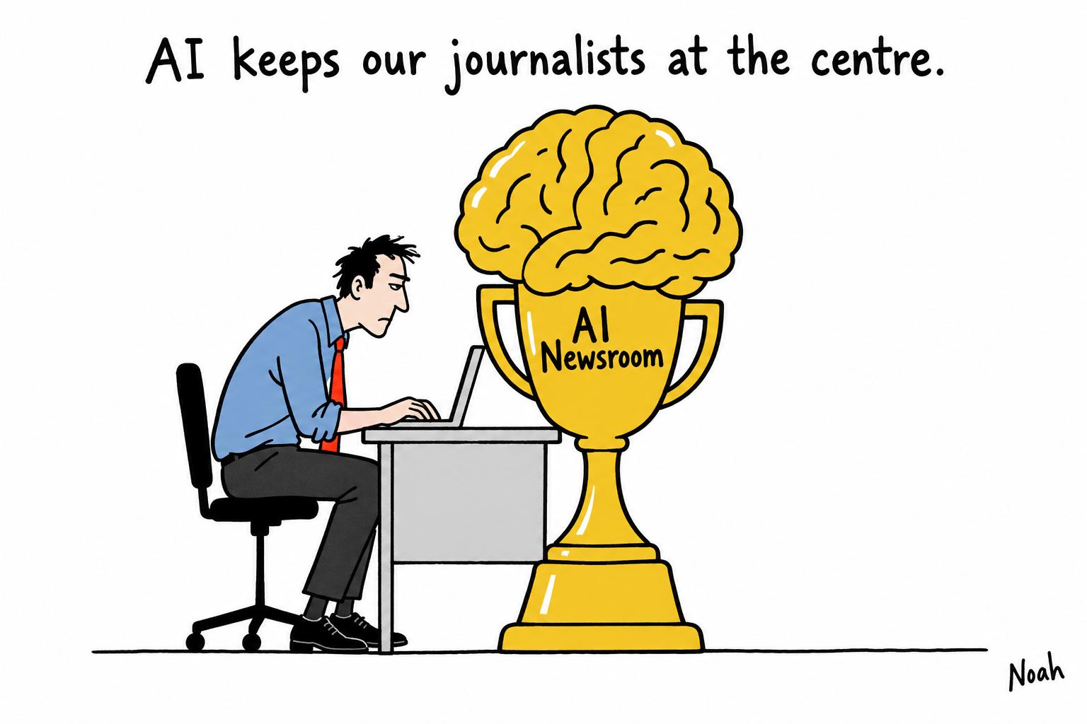 Editorial cartoon accompanying: Rhodes newspaper turns its archive into an AI-powered newsroom
