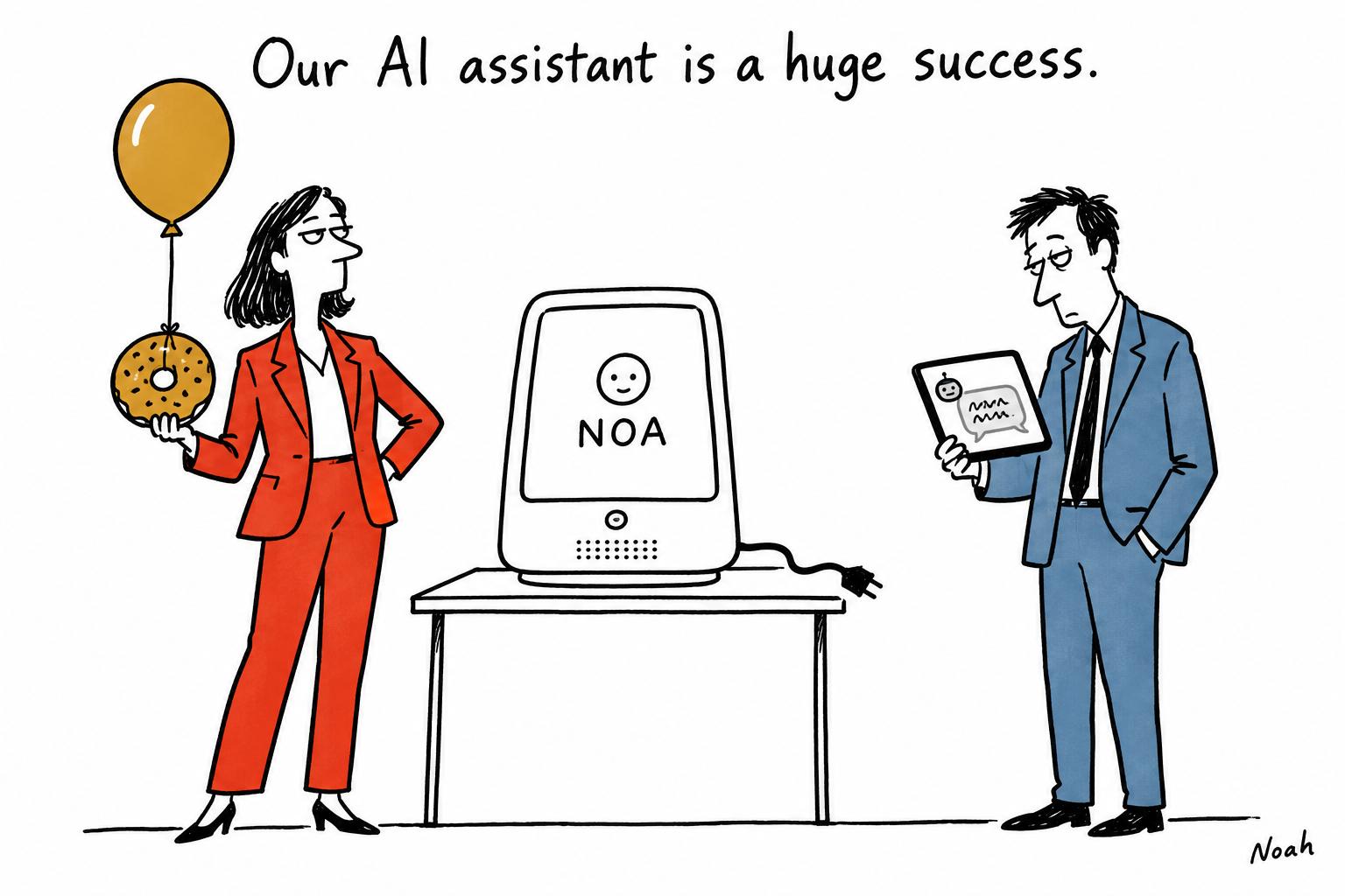 Editorial cartoon accompanying: Macmillan’s celebrated AI assistant NOA is shut down after staff found it ‘terrible’