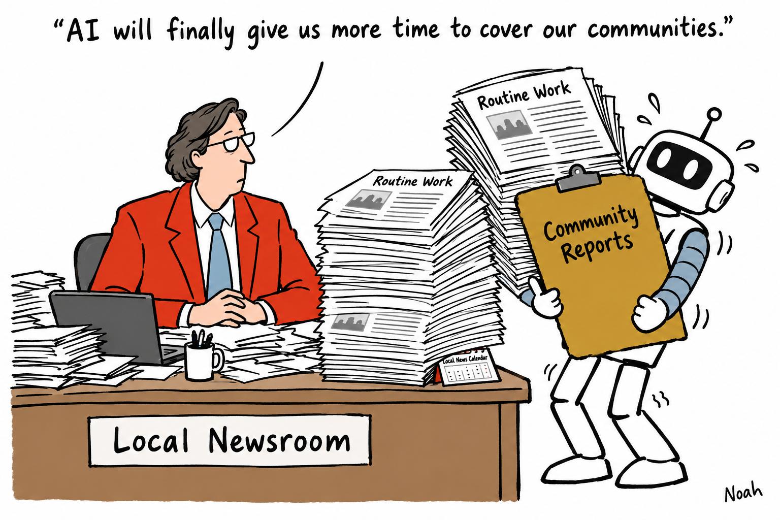 Editorial cartoon accompanying: AI could help local newsrooms survive the coverage crisis