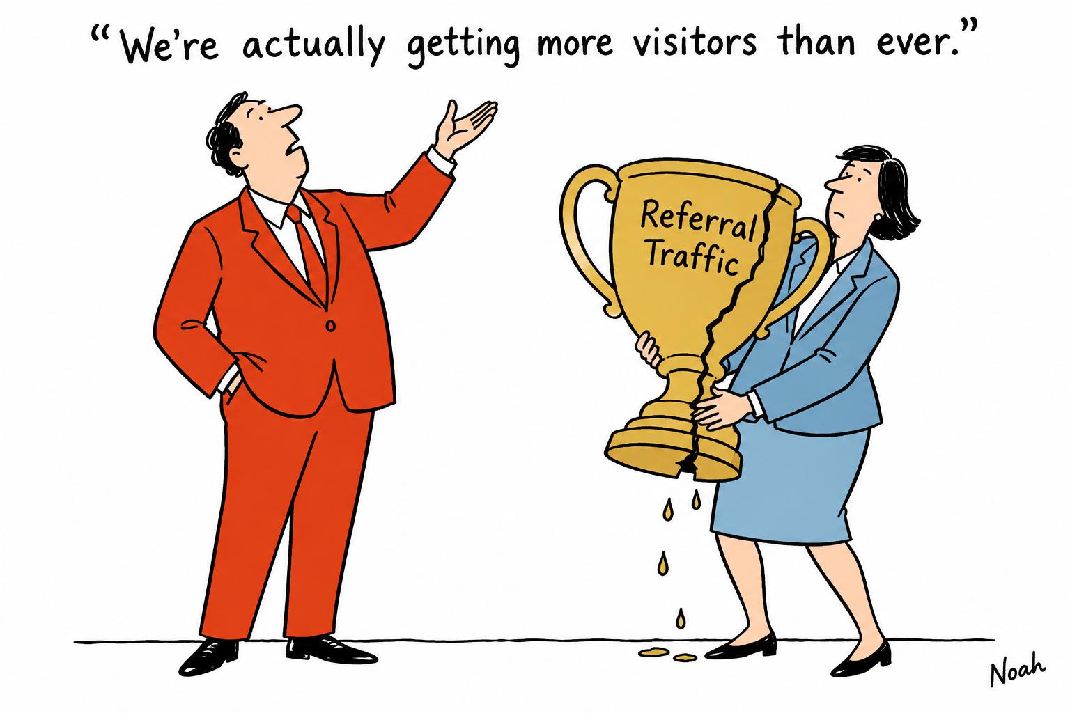 Editorial cartoon accompanying: Rest of World’s funding crisis exposes the AI-driven collapse of referral traffic