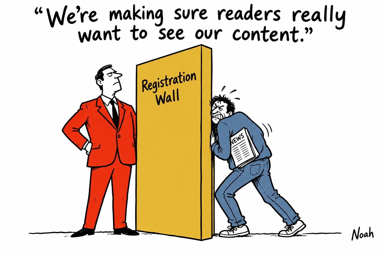 Editorial cartoon accompanying: Publishers turn to registration walls as AI search erodes referral traffic