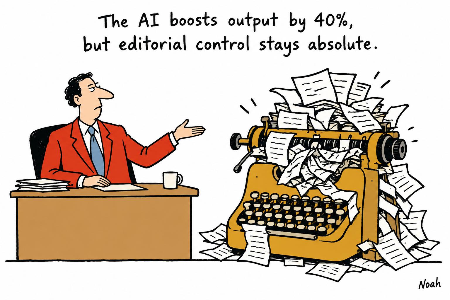 Editorial cartoon accompanying: AI agents lift newsroom output by 40% — but editors remain in charge