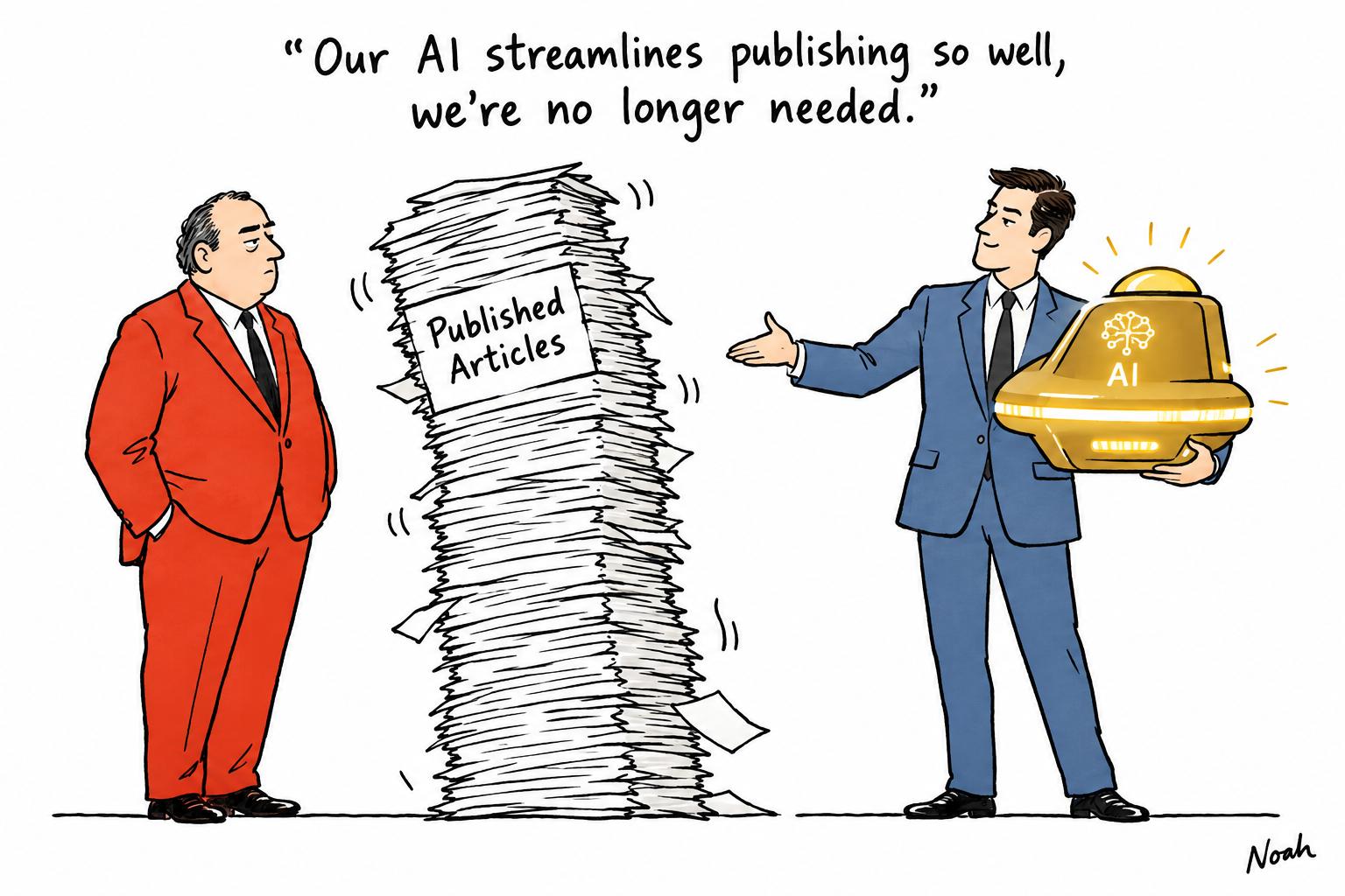 Editorial cartoon accompanying: The medical journal team dismissed to train its AI replacement