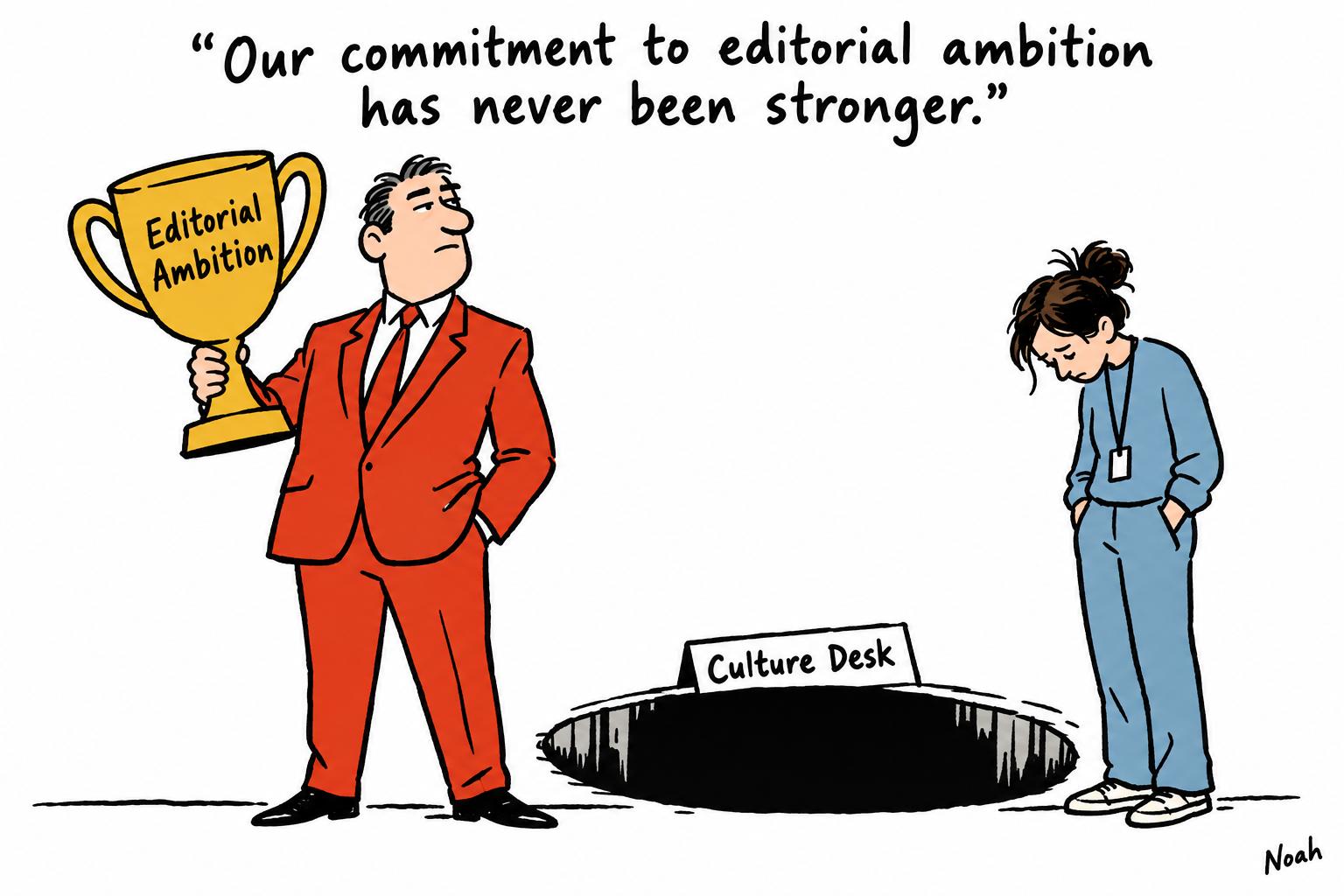 Editorial cartoon accompanying: Tamedia cuts culture desk as AI push deepens newsroom revolt