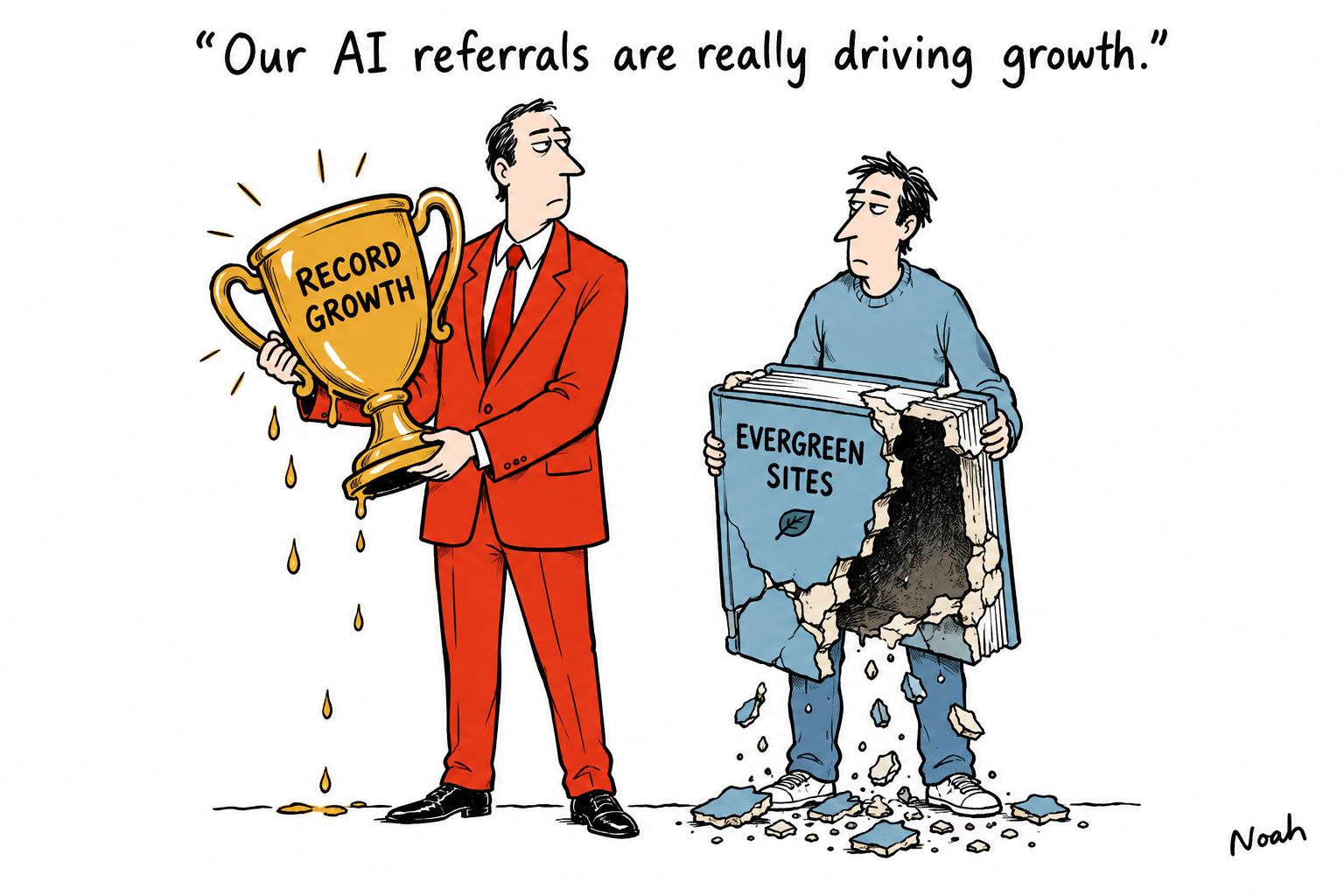 Editorial cartoon accompanying: AI referrals propel Mongabay news as chatbots hollow out its evergreen sites