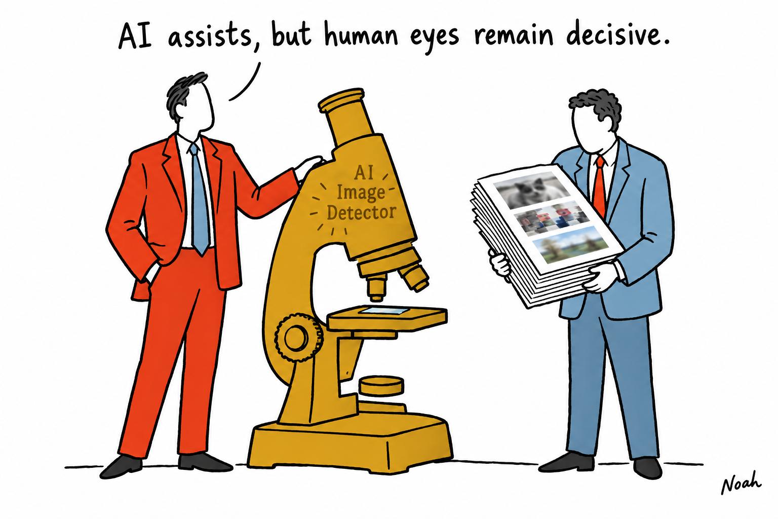 Editorial cartoon accompanying: AI is rewriting scientific publishing — but human judgement remains the final test