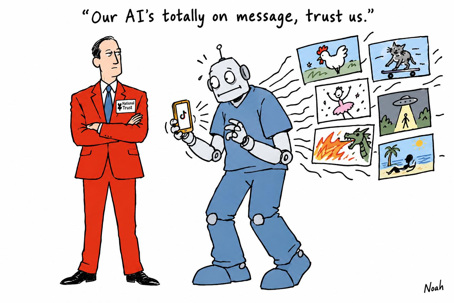 Editorial cartoon accompanying: National Trust pulls TikTok ads after platform’s AI publishes unauthorised videos