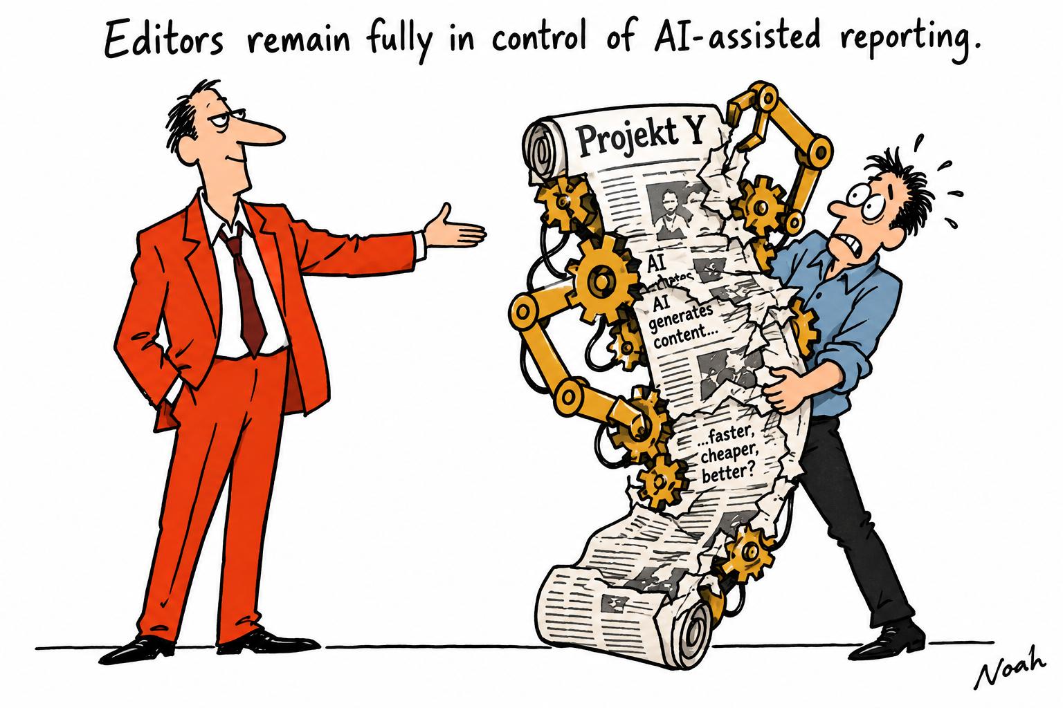 Editorial cartoon accompanying: Denmark’s Projekt Y launches with AI-assisted newsroom and unanswered authorship questions