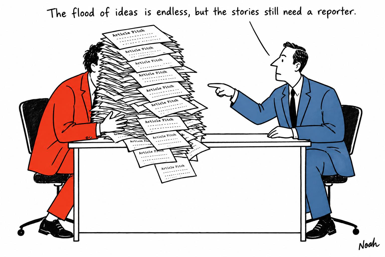 Editorial cartoon accompanying: AI can flood publishing with pitches, but it still cannot do the reporting