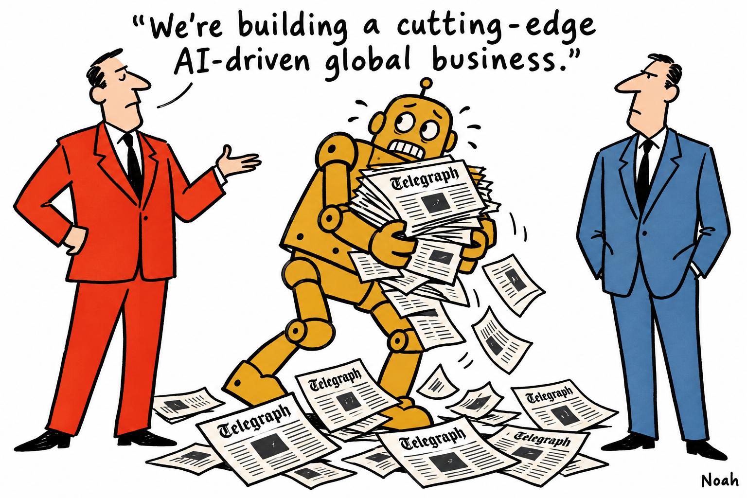 Editorial cartoon accompanying: Axel Springer cuts 100 Telegraph jobs in push to build AI-driven global business
