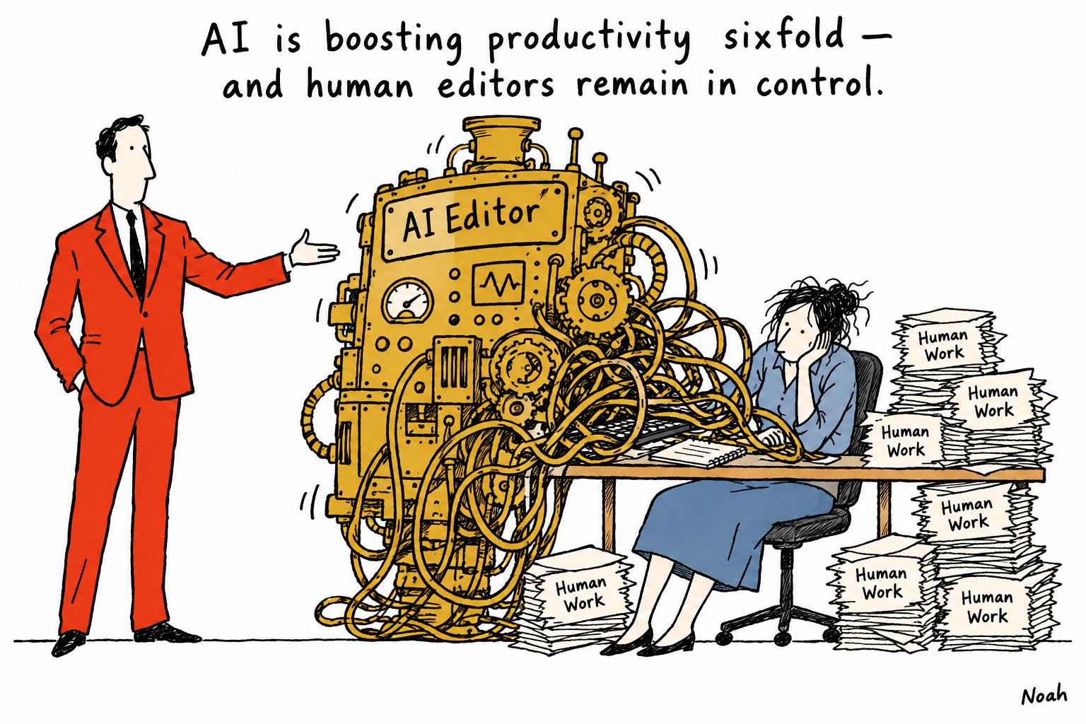 Editorial cartoon accompanying: The Independent says AI-enabled editors are six times more productive