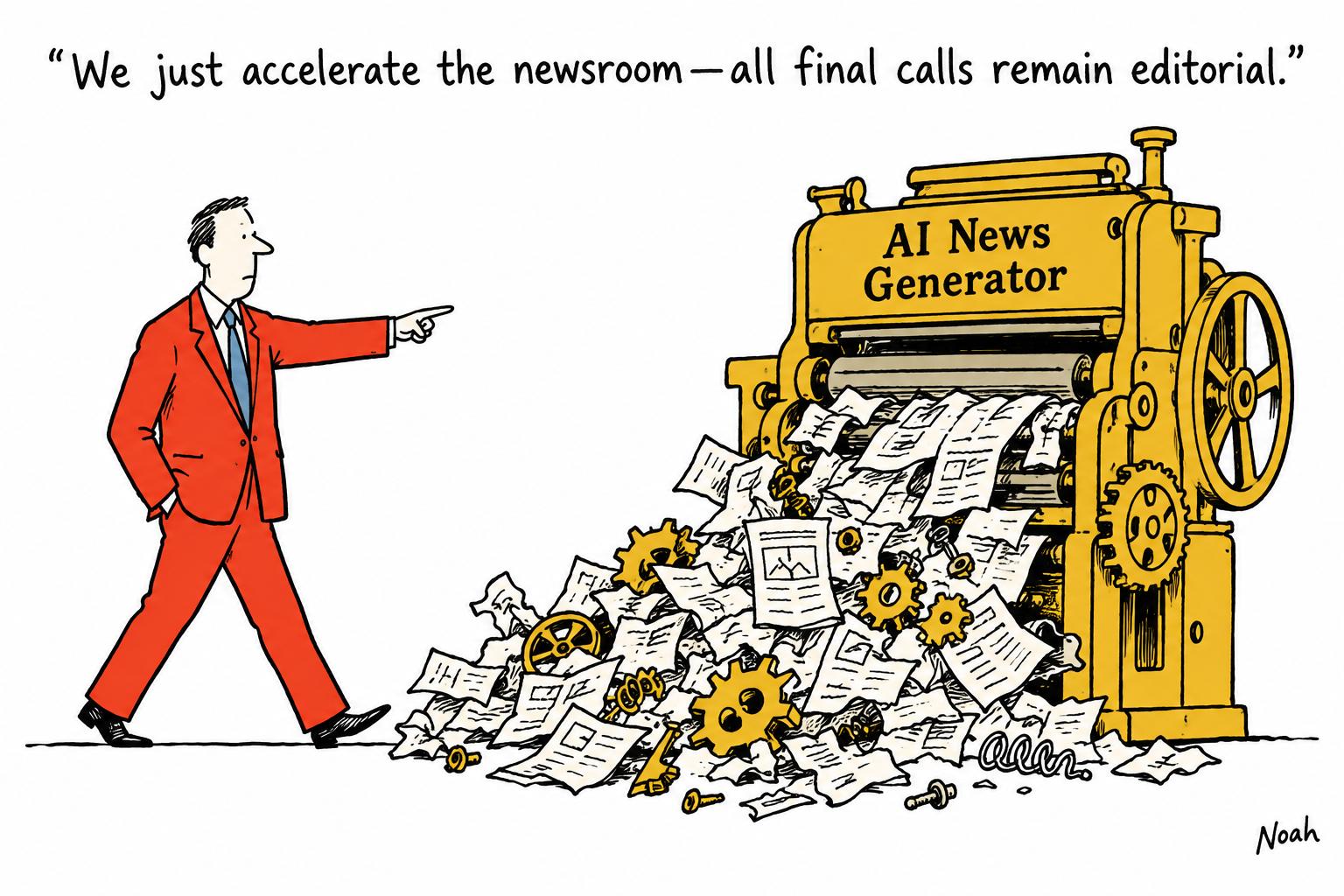Editorial cartoon accompanying: AI can accelerate the newsroom — but only editors can stop a bad story