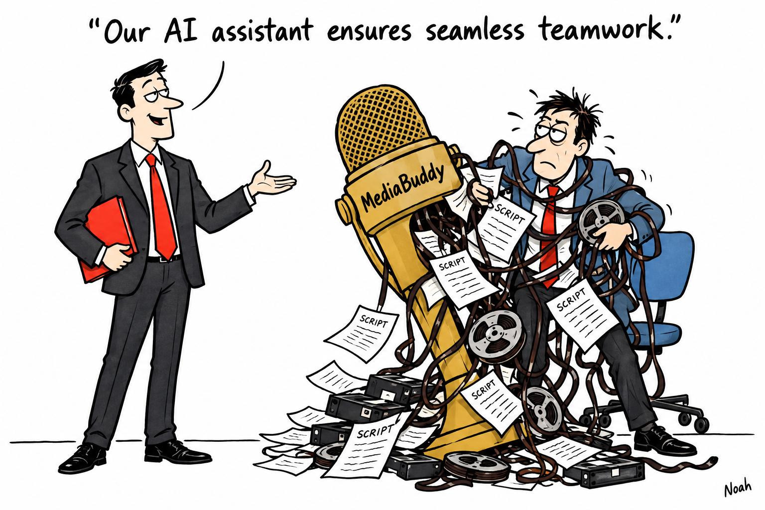 Editorial cartoon accompanying: Tencent turns WorkBuddy into a newsroom assistant for APEC 2026